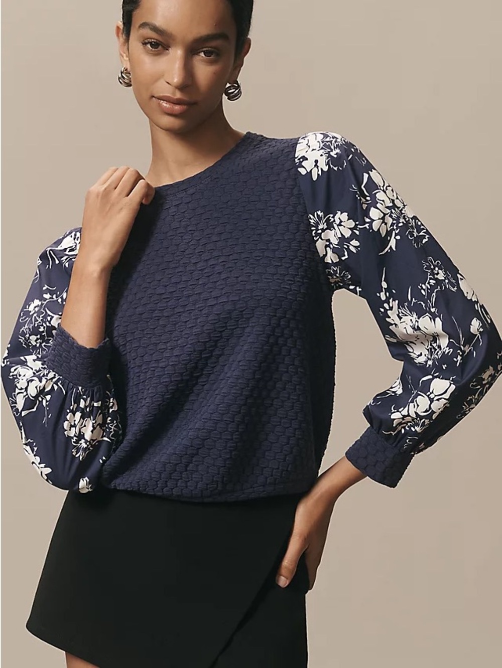 Porridge Textured Sweatshirt Navy Crewneck Puff Sleeves Floral  NWT - Size L